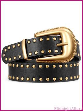 Women's Faux Leather Studded Western Belt Gold Buckle Jeans Dress 1.1"